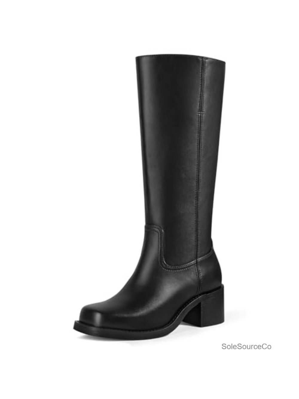 Faux Leather Wide Calf Knee High Boots Pull On Block Heel Square Toe
